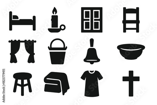Historical Hospital Icons. Solid style icons of Historical Hospitals: Bedframe, Candle, Window Shutter, Wooden Chair, Curtain,