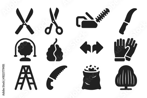 Trimming Tools Icons. Solid style icons of trimming techniques: hedge shears, clipping scissors, mechanical trimmer, curved blade,