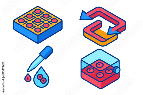 Cell Culture Illustration. Isometric vector illustration set Cell Culture Integration: Bioengineered scaffold, nutrient flow