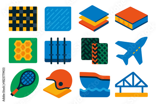 Bold Composite Icons. Flat vector icons of composite materials: carbon fiber weave, fiberglass sheet, laminated layer, sandwich