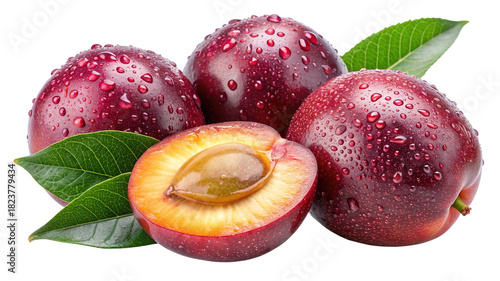 Fresh red plums with water drops and green leaves, cut plum