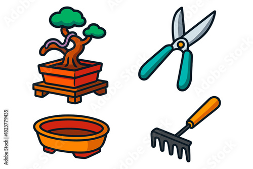 Bonsai Tools & Care. Isometric vector illustration set Bonsai Tools & Care: Wiring branch on stand, sharp pruning shears, shallow