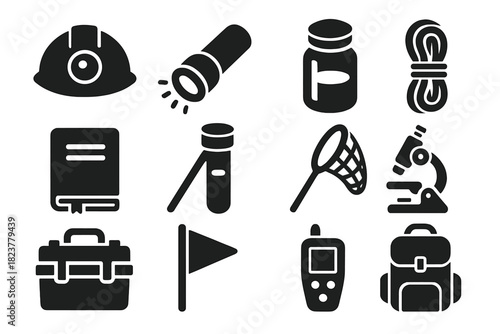 Cave Research Tools. Solid style icons of Cave Research: Helmet, Flashlight, Sampling Jar, Rope, Field Notebook, Lab Vial,