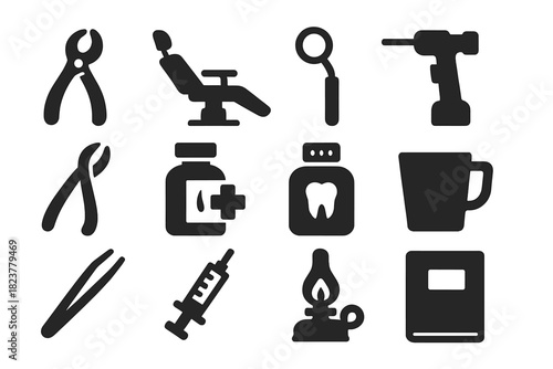 Classic Dentistry Icons. Solid style icons of Classic Dentistry: Tooth Extractor, Dental Chair, Mouth Mirror, Drill, Forceps,