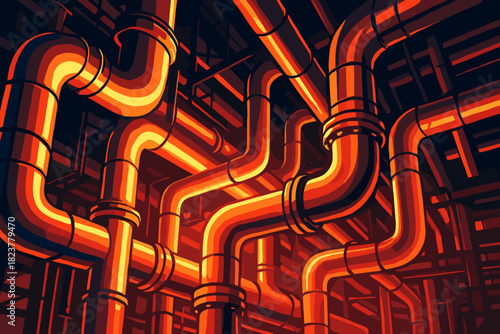 Glowing Factory Pipes. Complex industrial pipes glowing with vector illustration warm light in a factory, dynamic and bold tones,