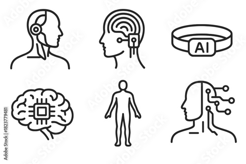 Cyborg Interface Icons. Line style icons of Human-Machine Futures: cyborg silhouette, neural interface, wearable AI band, brain