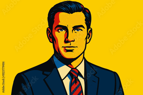 serious and confident businessman in a suit and red tie, symbolizing leadership, power, and success. Generative ai vector colorful pop art illustration.
