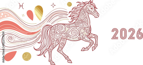 Decorative horse art with Pisces symbol and year 2026 intricate line design gold and coral accents