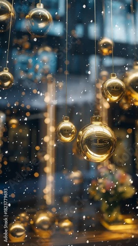 Golden holiday ornaments with soft bokeh lights creating a festive warm atmosphere and elegant celebration background