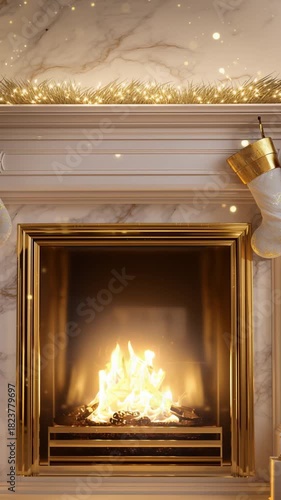 Luxury golden fireplace with warm glowing fire in elegant classic interior for cozy holiday atmosphere and warm home decor background