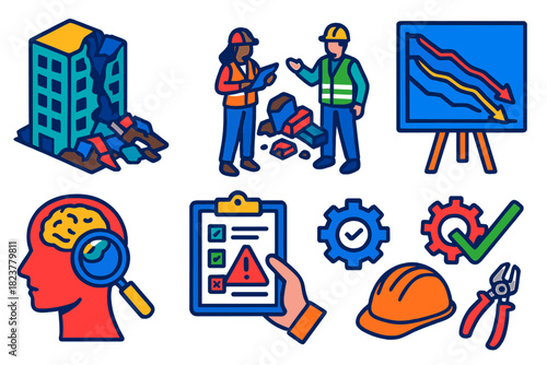 Engineering Disaster Analysis. Isometric vector illustration set Engineering disaster analysis: collapsed buildings, engineers