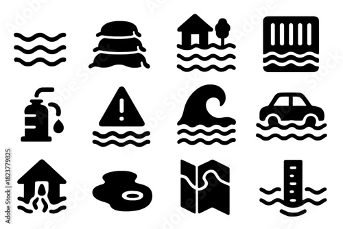 Urban Flood Icons. Solid style icons of Urban flooding: rising water, sandbag barrier, flooded street, drainage grate, emergency