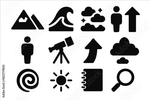 Vastness in Icons. Solid style icons of emotional response to vastness: mountain, ocean wave, sky, human figure, telescope, arrow,