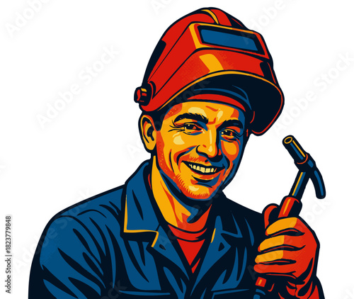 happy welder wearing a helmet and holding a welding torch, representing skilled trades and industrial work. Generative ai vector colorful pop art illustration.
