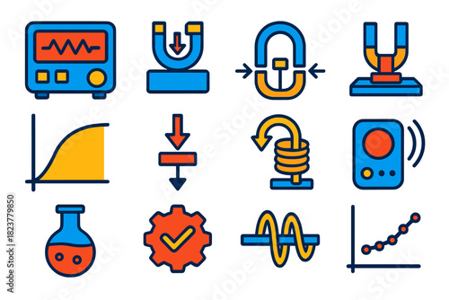 Magnetic Measurement Icons. Flat vector icons of magnetic susceptibility and measurements: susceptibility meter, SQUID sensor,