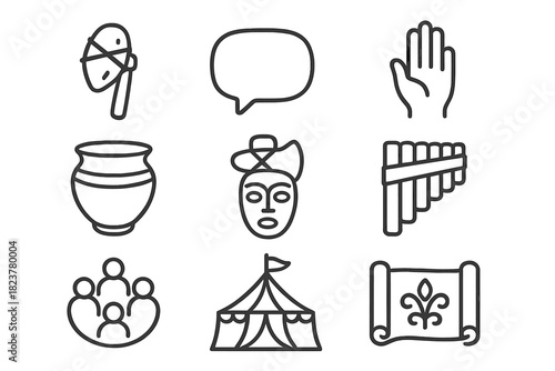 Social Anthropology Icons. Line style icons of Social Anthropology: Primitive Tool, Speech Bubble, Learned Gesture, Community