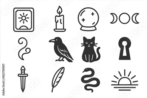 Noir Mysticism Icons. Line style icons of noir mysticism: tarot card, candle flame, crystal sphere, moon phases; smoke curl, raven