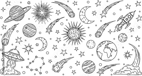 Hand drawn space elements and celestial bodies doodle set