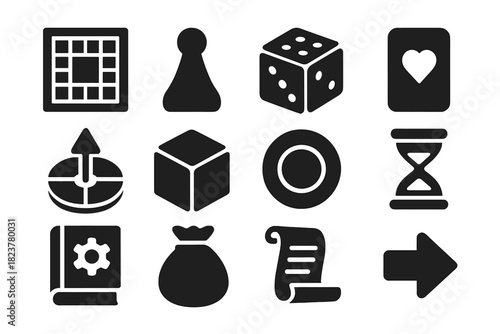 Game Mechanics Icons. Solid style icons of game development and mechanics: board, pawn, dice, card, spinner, cube, token,