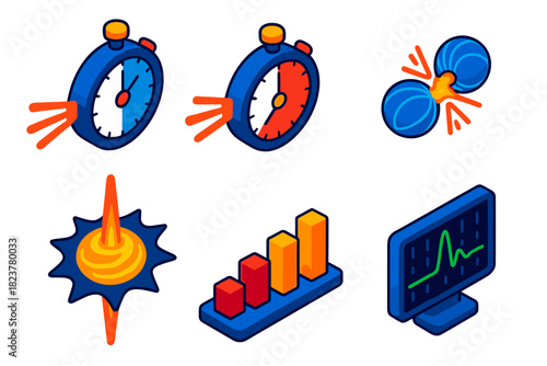 GRBs_ Short vs Long. Isometric vector illustration set Short vs Long GRBs: short burst timer, long burst timer, binary neutron