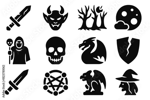 Dark Fantasy Icons. Solid style icons of Dark Fantasy: Cursed Sword, Demon, Haunted Forest, Blood Moon, Necromancer, Skull, Black