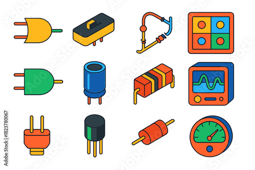 Analog Logic Components. Isometric vector illustration set Analog Logic: XOR gate, slide switch, analog wiring circuit, truth