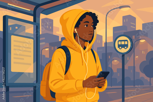 Urban Commuter Style. Modern commuter waiting at a bus stop, wearing vibrant yellow, surrounded by soft vector illustration city