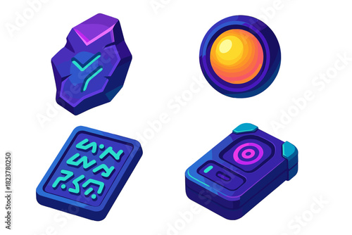 Alien Tech Artefacts. Isometric vector illustration set Alien Tech Artefacts: Unknown metal fragment, glowing orb, alien writing
