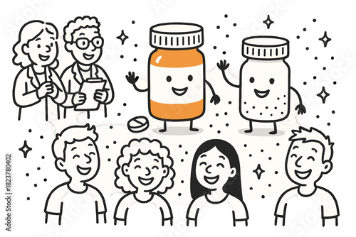 Playful Clinical Trial. Cheerful doodle placebo-controlled trial with happy volunteers, cartoon pill bottles with faces, smiling