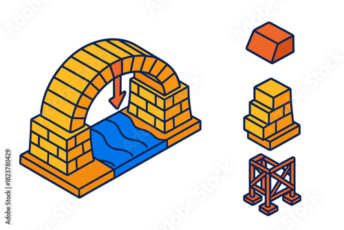 Colorful Arch Bridge Design. Isometric vector illustration set Arch Bridge Design: stone arch span, keystone block, abutments,