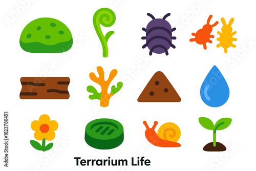 Terrarium Icon Set. Flat vector icons of Terrarium Life: moss cushion, fern sprout, tiny isopod, springtail group, bark piece,