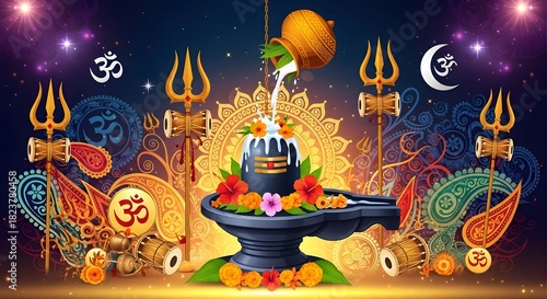 Lord shiva lingam with decorative elements for hindu festival shivaratri