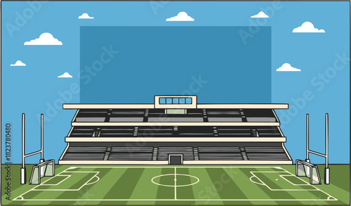 Vector illustration of a large, empty sports stadium with a green pitch, spectator grandstands, and goal posts under a blue sky