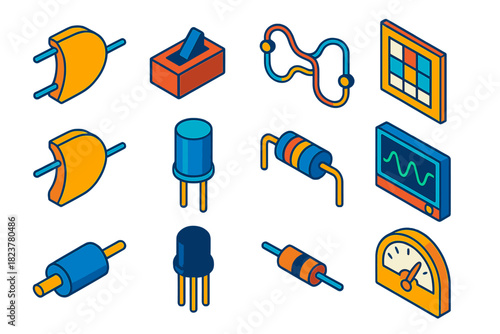 Analog Logic Components. Isometric vector illustration set Analog Logic: XOR gate, slide switch, analog wiring circuit, truth
