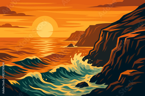 Golden Coastal Cliffs. Scenic coastal cliffs with waves crashing against the rocks under a golden vector illustration sunset,