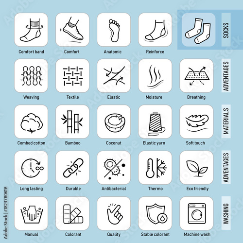 Socks icon sheet. Set for package, shows user instruction, main benefits. The outline icons are well scalable and editable. EPS10.	
