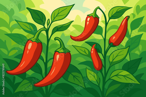 Red Chili Peppers. Playful red vector illustration chili peppers growing on vibrant green plants, illuminated by soft natural