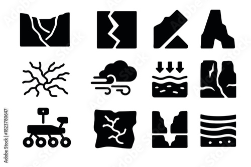 Martian Canyon Icons. Solid style icons of Martian canyon formation: Valles Marineris profile, tectonic crack, collapsed canyon
