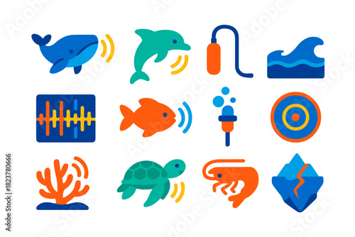 Marine Bioacoustics Icons. Flat vector icons of Marine Bioacoustics: whale call, dolphin sonar, hydrophone cable, sea wave,