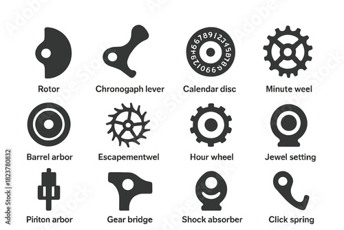 Horology Icon Components. Solid style icons of Horology components: rotor, chronograph lever, calendar disc, minute wheel, barrel