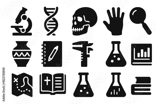 Anthropology Research Icons. Solid style icons of Anthropological research: microscope, DNA helix, skull cast, handprint, cultural