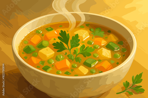 Steaming Vegetable Soup. Close-up of a steaming bowl of vegetable soup garnished vector illustration with fresh herbs, warm and