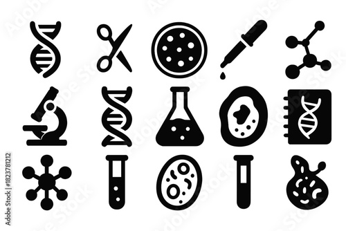Biotechnology Icons Collection. Solid style icons of gene editing and biotechnology: DNA strand, CRISPR scissors, petri dish,