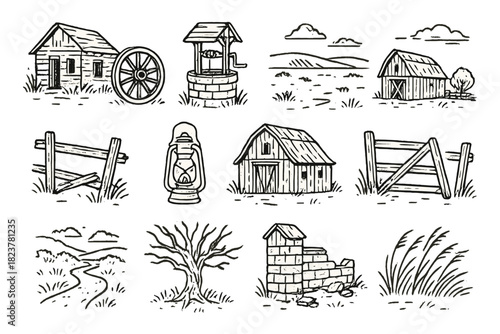Deserted Homestead Icons. Line style icons of Deserted Homesteads: Abandoned Homestead, Wagon Wheel, Well, Vast Landscape; Broken