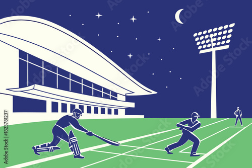 Stylized graphic illustration of cricket match at night stadium sport game