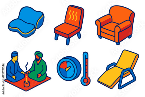Comfort Icons Set. Isometric vector illustration set Comfort: ergonomic cushions, heated seating, traditional furniture designs,