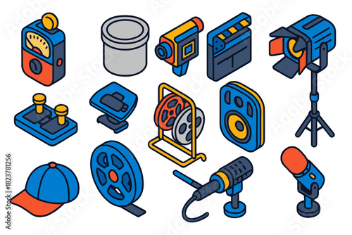 Analog Film Tools Icons. Isometric vector illustration set Analog Film: analog light meter, aluminum film canister, director’s