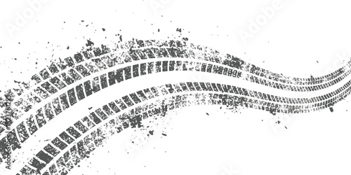 Dirty grunge tire tracks from vehicle on road, dynamic abstract car wheel print.