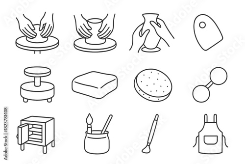 Pottery Tools Icons. Line style icons of Wheel Throwing: Centering Clay, Raising Wall, Shaping Form, Rib Tool; Potter’s Wheel,