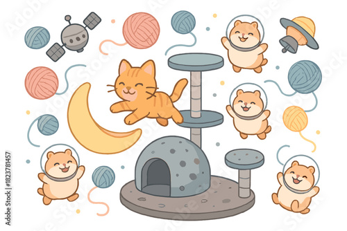Zero-Gravity Cat Paradise. Zero-gravity cat playground with floating yarn balls, playful satellites, and smiling space hamsters No
